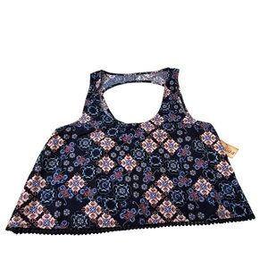 Vintage Y2K Mudd Open Back Crop Top pom pom Hem Navy Boho Festival 90s Size L